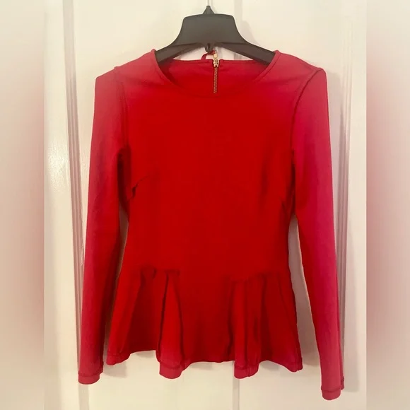 NWOT! Luxury Designer Carmen Marc Valvo Red Long-Sleeve Peplum Top Flattering XS - Picture 6 of 10